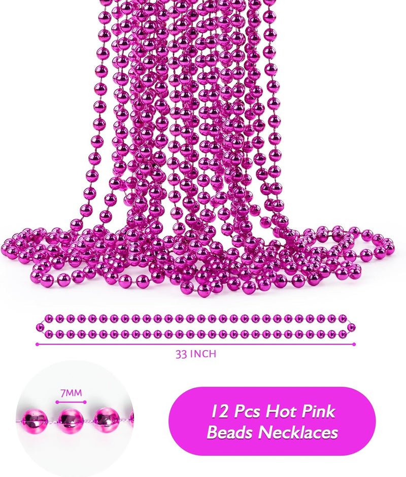 ZZYFGH 12 Pcs Hot Pink Beads Necklace, 33" 7mm Breast Cancer Bead Necklaces, Mardi Gras Beads Necklace, Breast Cancer Awareness Accessories Bead Necklaces Bulk for Wedding Birthday Gender Reveal Party Events Supplies - Image 2